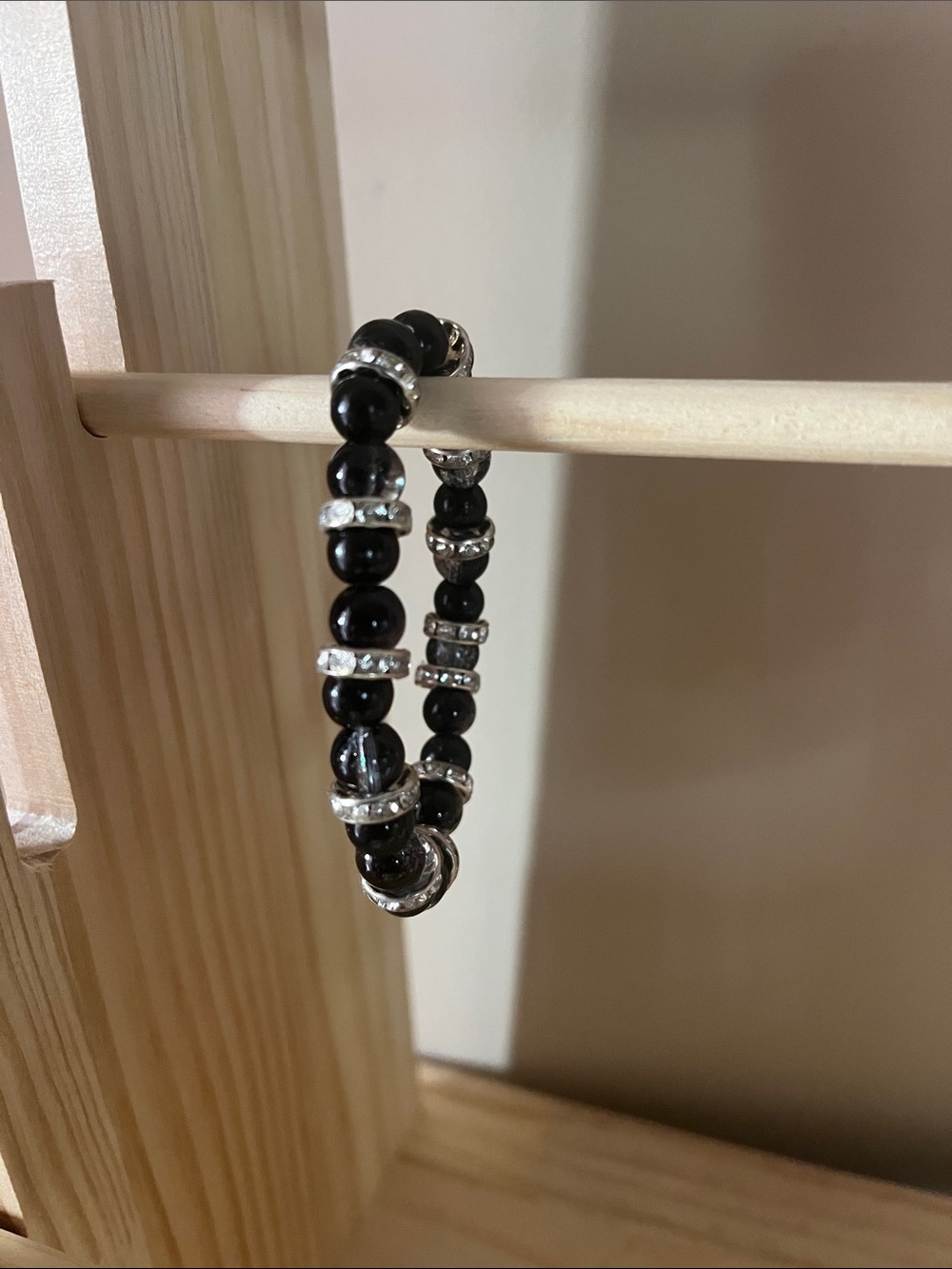 Black Beaded Stretch Bracelet with Silver Accents